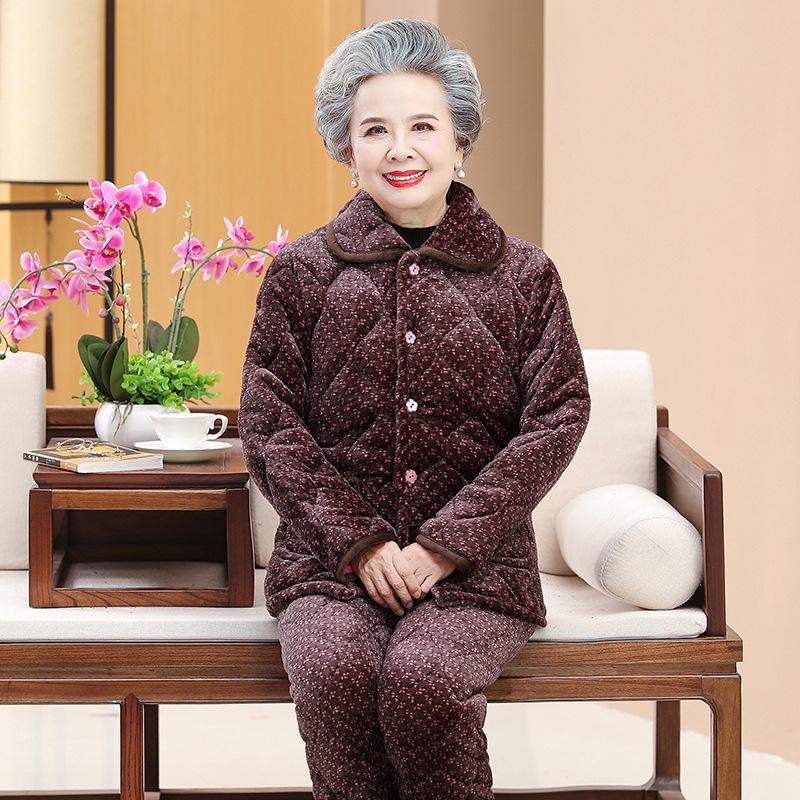 Pajamas three-layer thickened loungewear coral fleece clothes fleece clothes the elderly winter suit women