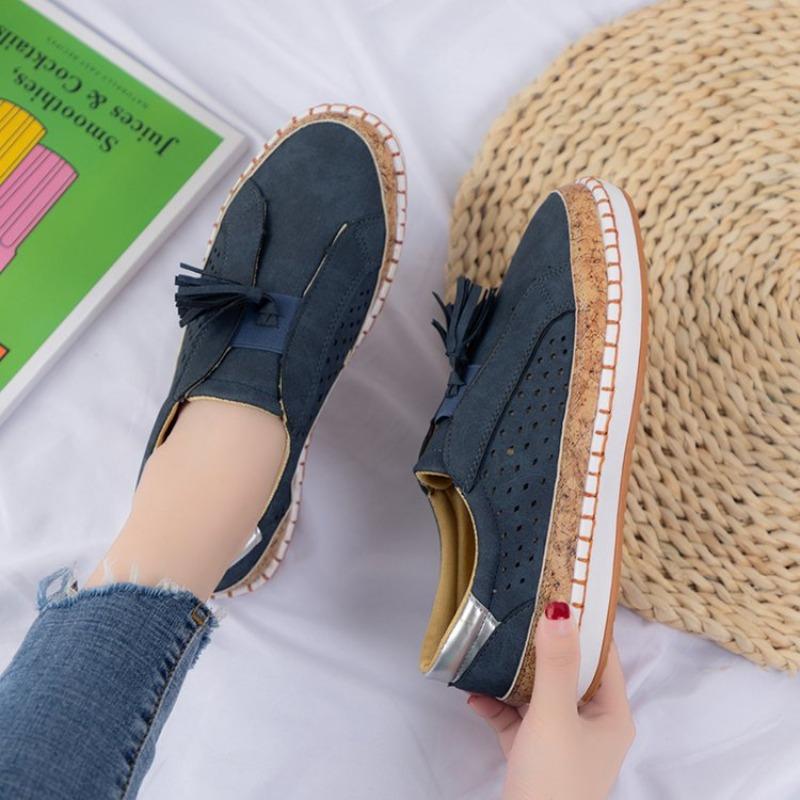 Large size casual single shoes women's flat bottom hollow carved tassel lazy shoes regular
