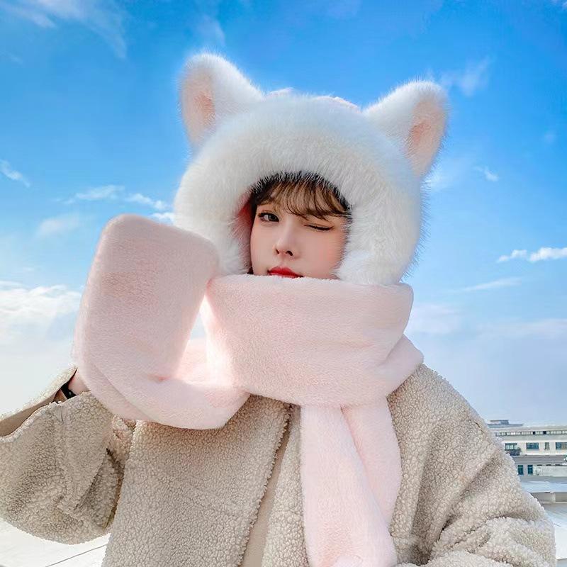Winter, Plush Hat, Scarf and Gloves In One, Versatile, Thick and Warm, Ear Protection and Neck Protection Three Piece Set, Female, Three In One