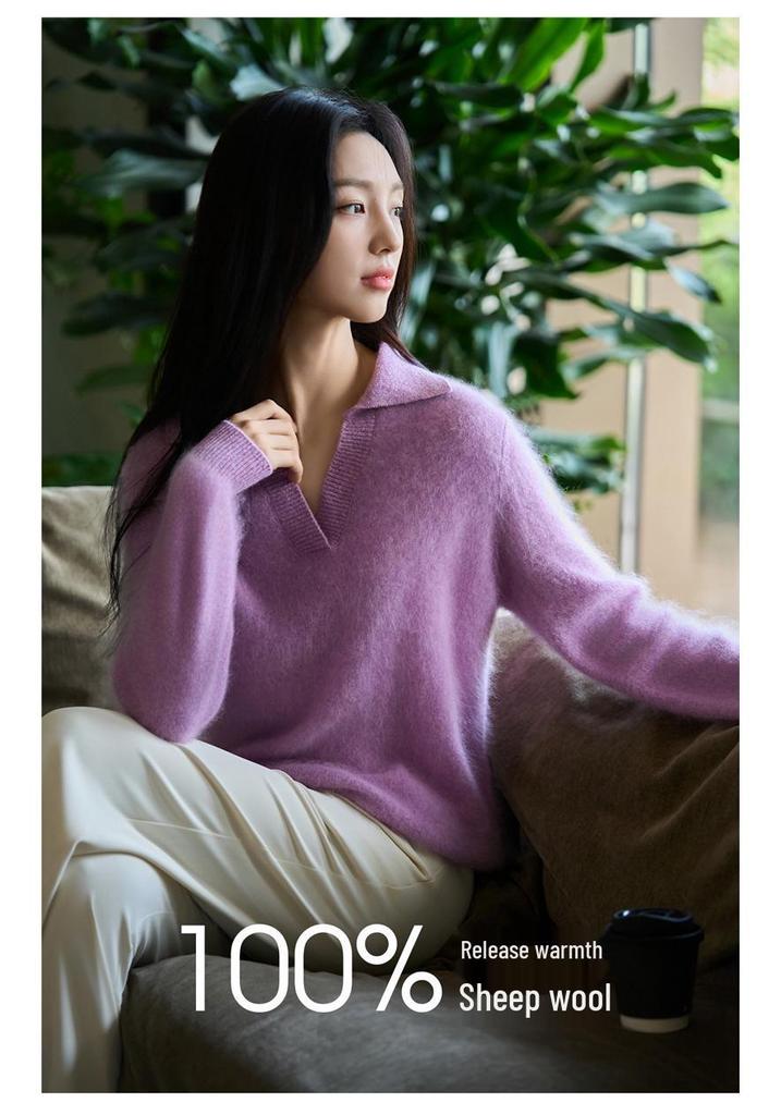 Pure Wool Lapel Knit Long Sleeve Women's Soft Brushed Base Layer for 2025 Autumn/Winter
