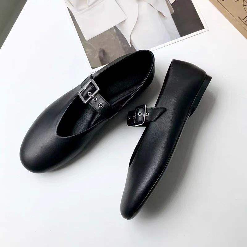 

French Mary Jane shoes 2025 autumn soft leather flat shoes one-button low heel retro style round head ballet shoes 40 чёрный