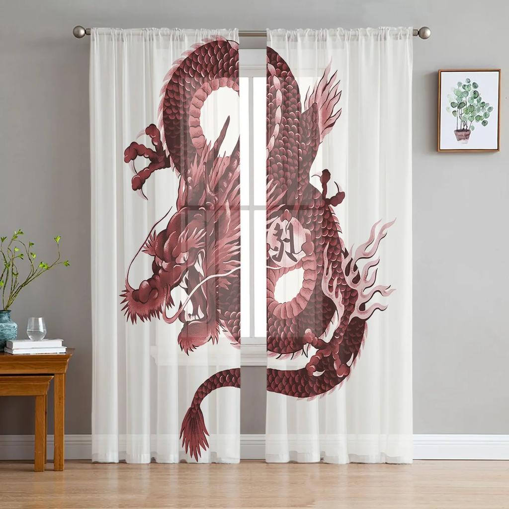 Asian Red Angry Dragon Chiffon Sheer Curtains for Living Room Bedroom Home Decoration Window Voiles Tulle Drapes Curtain