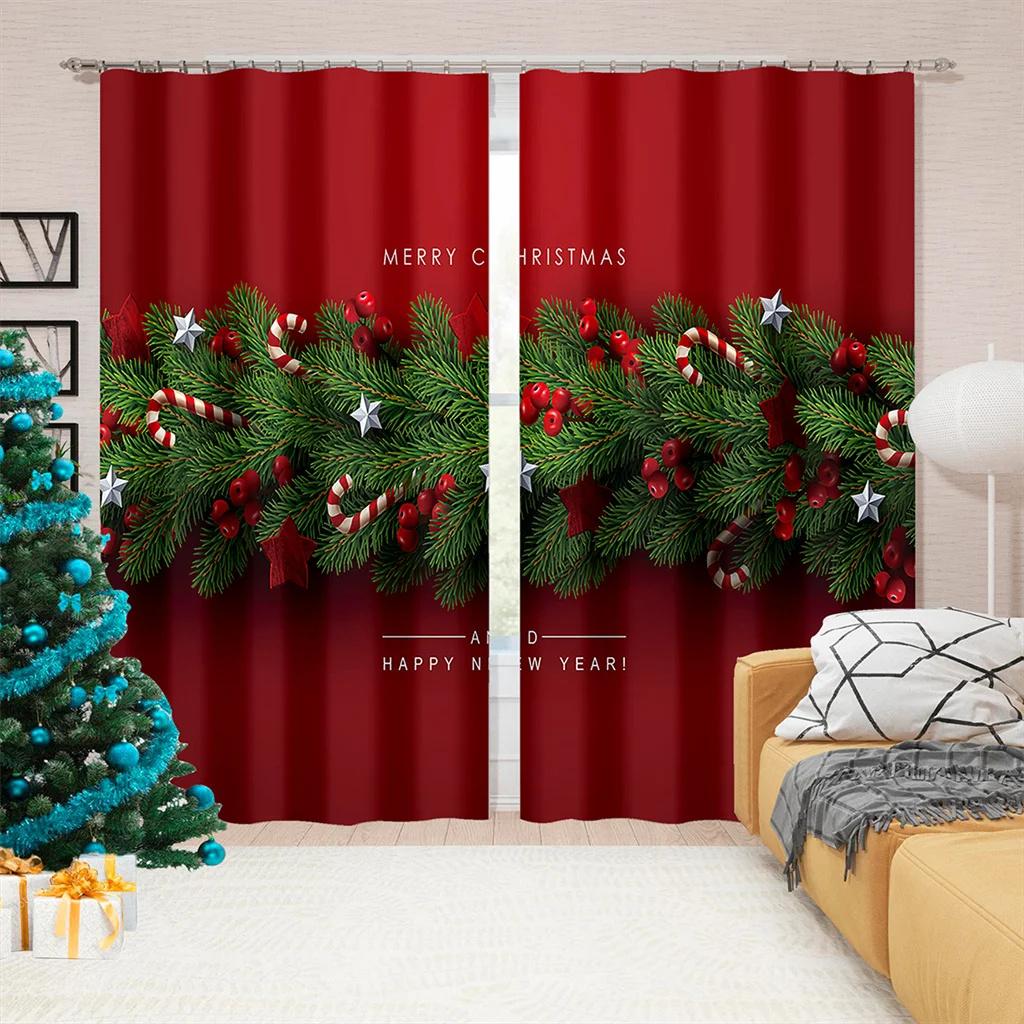 Cartoon Christmas Happy New Year Star Red Ball Window Curtains Blinds for Living Room Bedroom Kitchen Door Home Decor 2 Panels