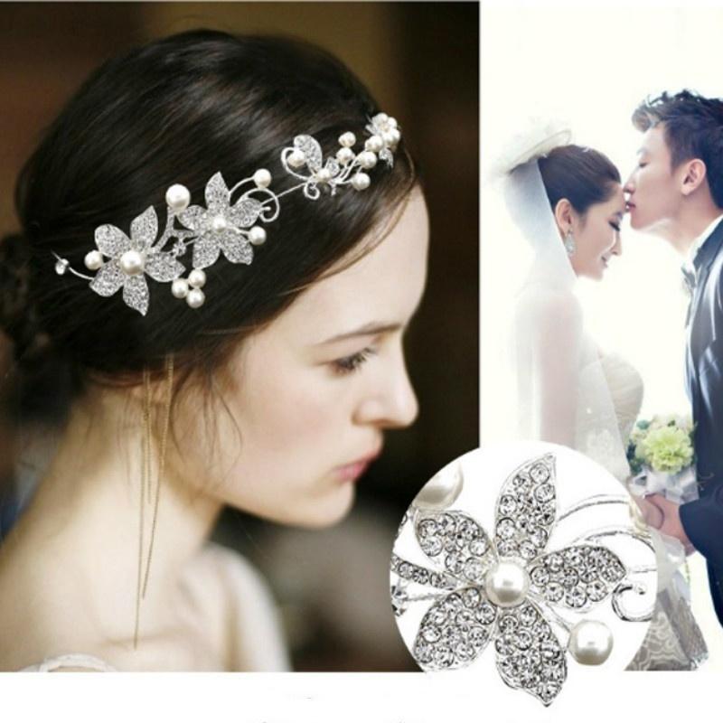 Fashion Delicate Women's Wedding Bridal Crystal Rhinestones Flower & Faux Pearls Decor Hair Band Headband Tiara Headdress