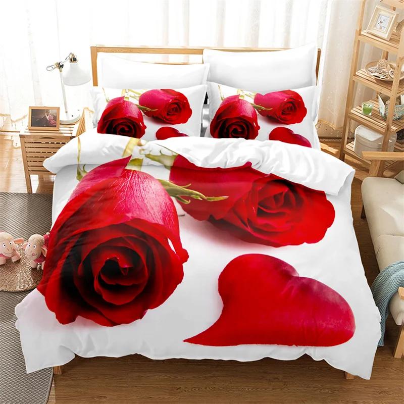 Comforter Rose Flower Bedding Set 4Pcs Pink Red 200X230 For Double Bed 3D Bedsheet 230X230 Full Size Thin Fabric