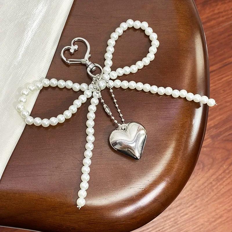 Imitation Pearls Lace Bowknot Keychain Sweet Beaded Pendant Keyring for Women Handbag and Backpack Key Chain Exquisite Ornament