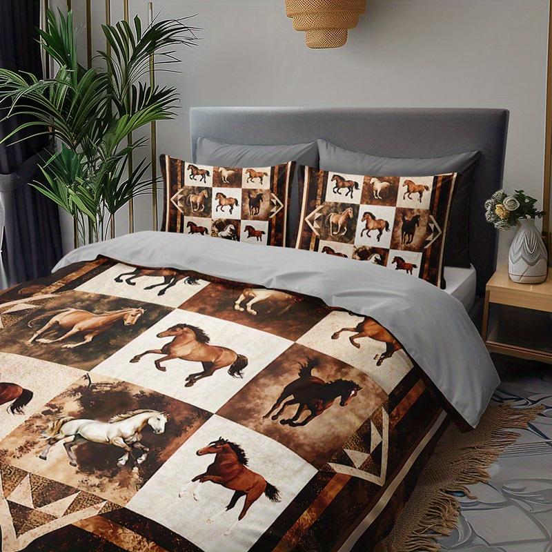 3pcs Brown Horse Ranch Bedding Duvet Cover Set Western Horse Bedding Quilt Set Rustic Horse Themed Bed Quilt Set Patchwork Horse