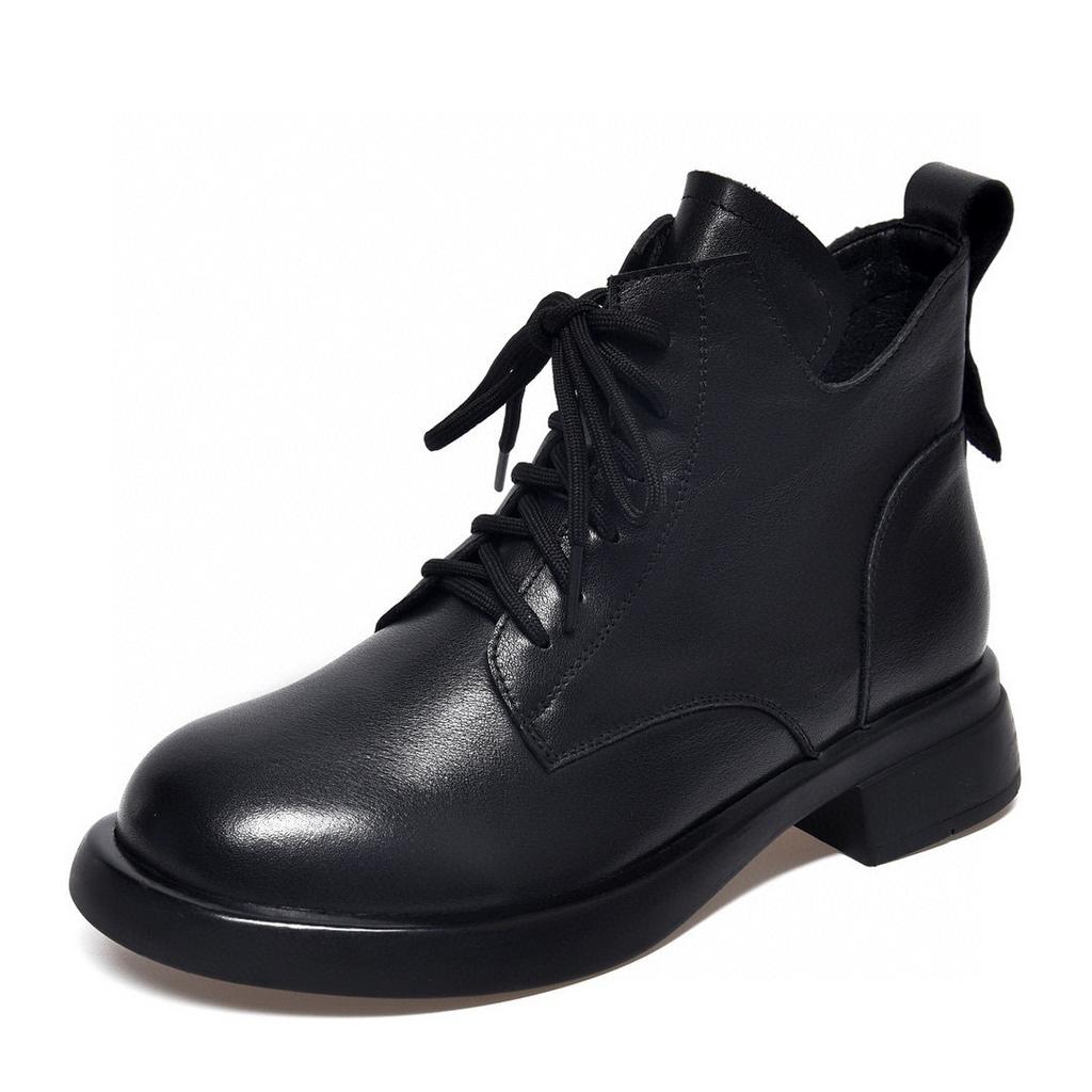 Round head short boots women's boots autumn new flat bottom lace-up Martin boots first layer cowhide comfortable women's leather boots