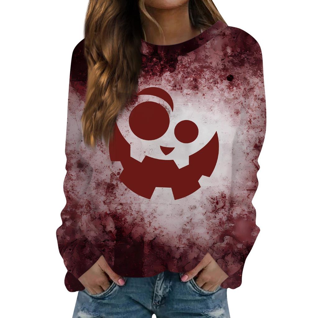 Tops für Damen, Damen, Casual Fashion, Halloween-Print, Langarm, Rundhalsausschnitt, Pullover, Top, Bluse, Ropa De Mujer, Kleidung
