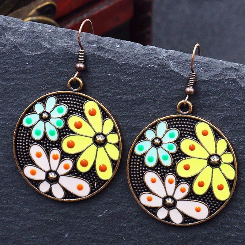 Vintage Ethnic Bohemian Colorful Enameled Flower Drop Dangle Earrings For Women Round Geometric Boho Waterdrop Zircon Earrings
