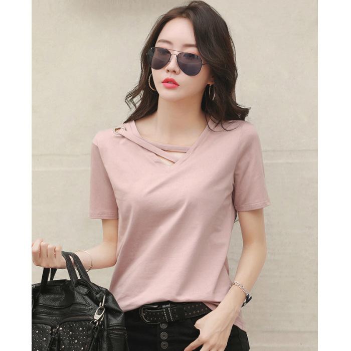 

New summer short-sleeved T-shirt women s V-neck loose black top casual ins t-shirt trendy 3XL