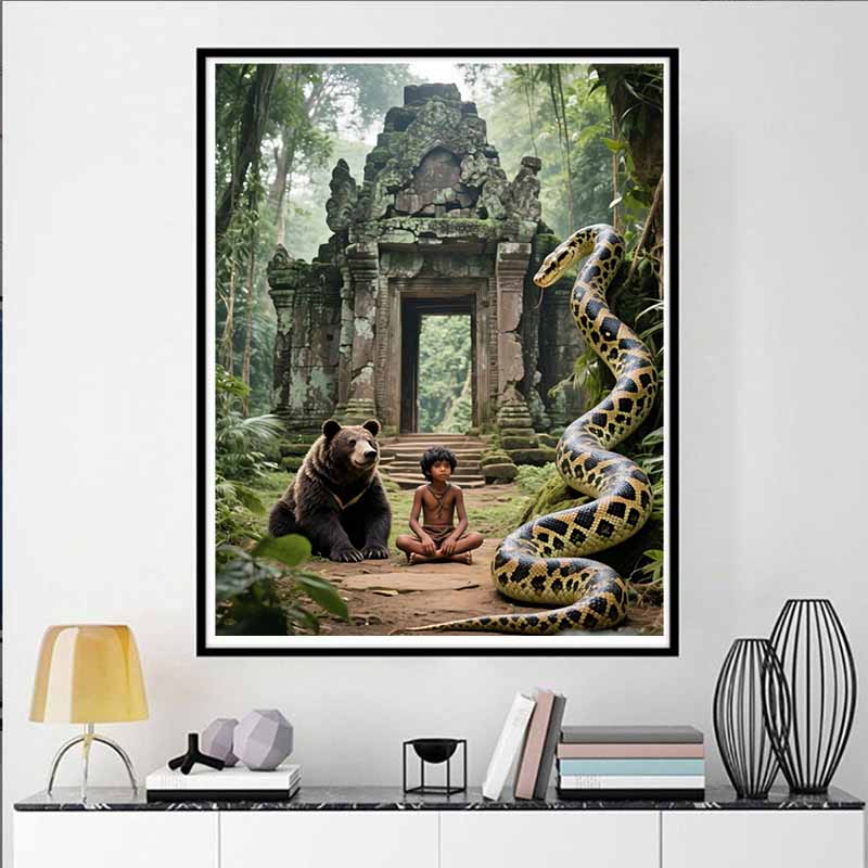Disney 5D DIY Diamond Painting Mowgli and His Jungle Friends Illustration - Cartoon Full Diamond Mosaic Diamond Painting Art Wall Decoration Craft Set