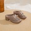 Johnature Women's Slippers Genuine Leather Hollow-out Thick Heel Flower Round Toe Versatile Women's Shoes
