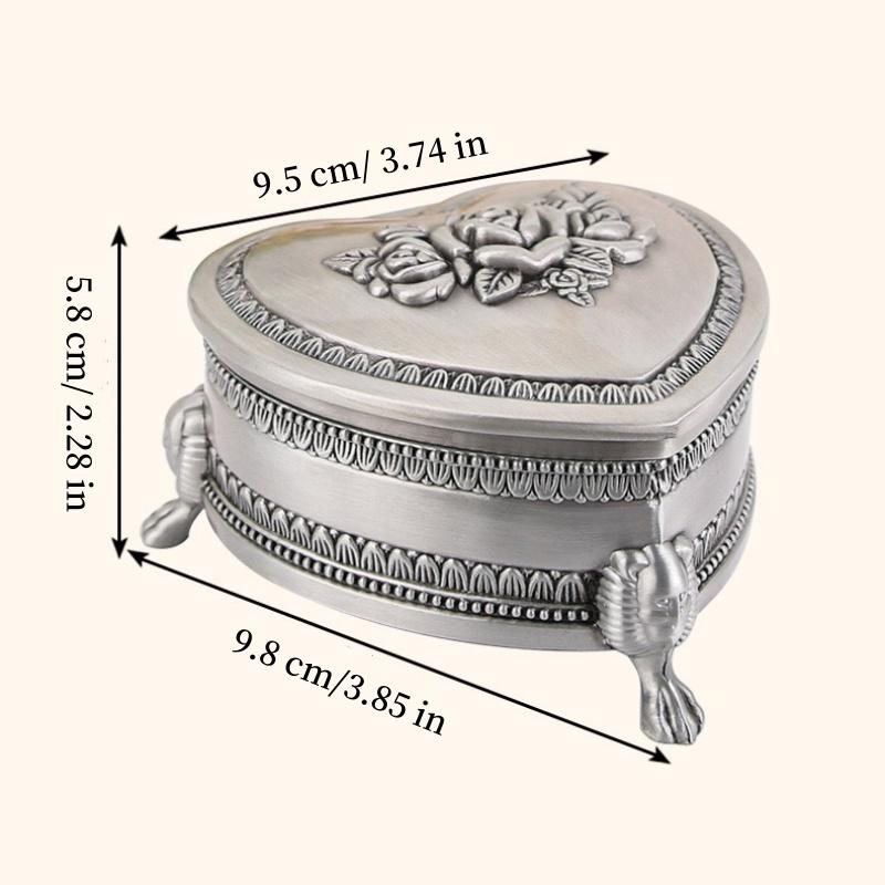 Heart Shape Jewelry Storage Box Ancient Silver Inlaid Gem Organizer Alloy Storage Jar Earrings Ring Unique Gift for Family