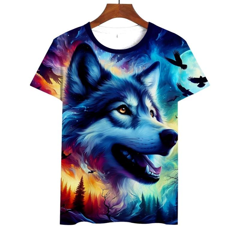 Herren Blau Wolf 3D Gedrucktes T-Shirt Lässig Kurzarm Rundhals Oberteil Cool Mystisches Tier Grafik-T-Shirt Abstrakte Galaxie Kunst Sommer Streetwear Kleidung