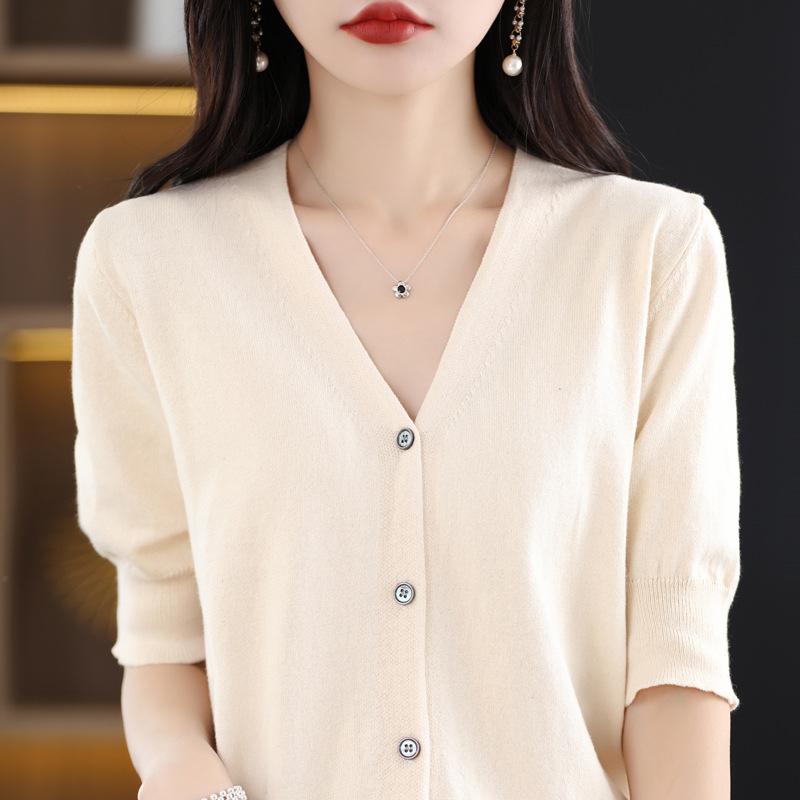 V-neck Short-sleeved Cardigan for Women In Summer New Loose Thin Cotton Mid-sleeved Knitted Top Half-sleeved T-shirt