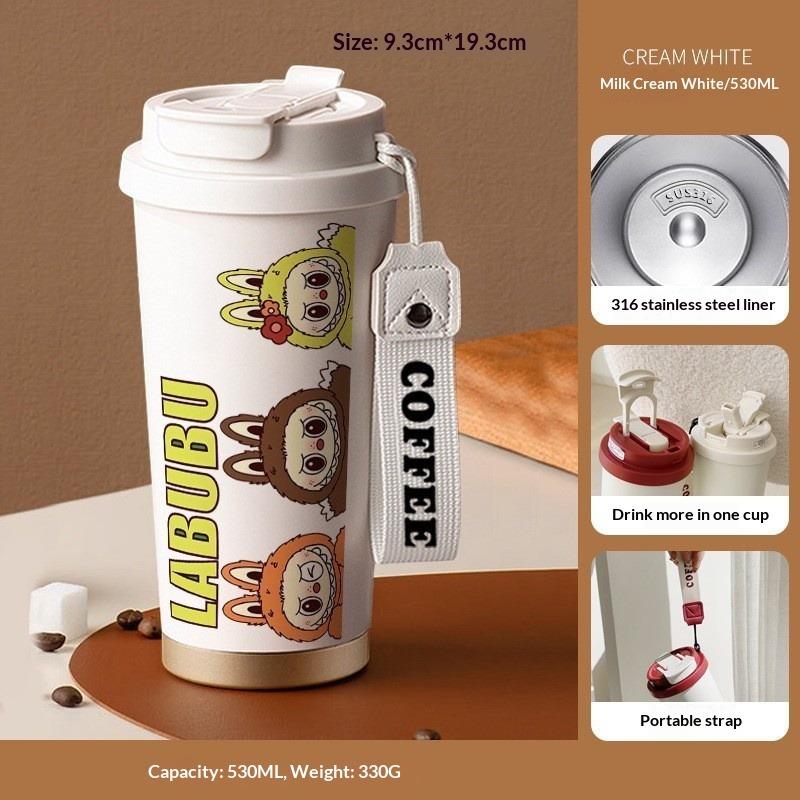 Cartoon Pattern Coffee Cup 316 Stainless Steel Thermos Cup Portable Double Drinking Straw Water Cup