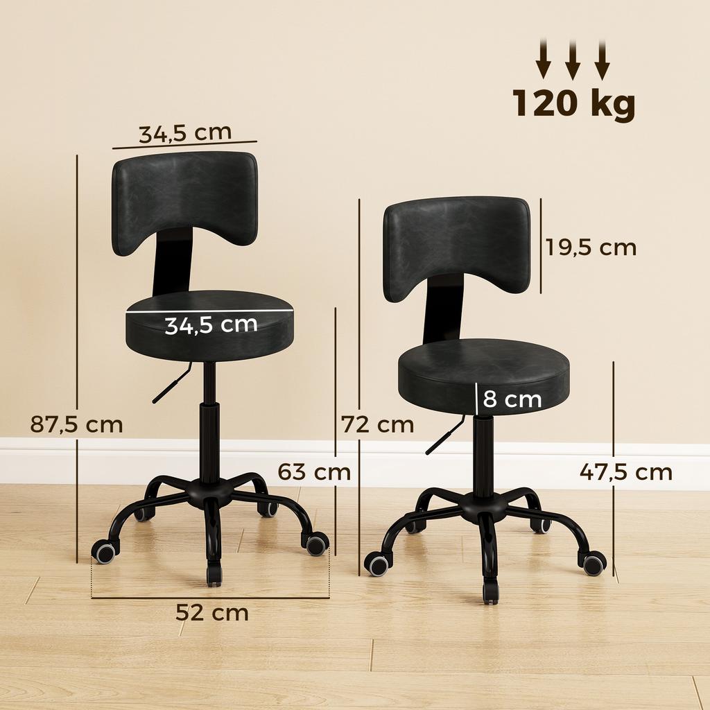 Rolling Stool, Height-Adjustable Salon Chair Made of PU Leather with Padded Seat, Backrest and Casters, Black