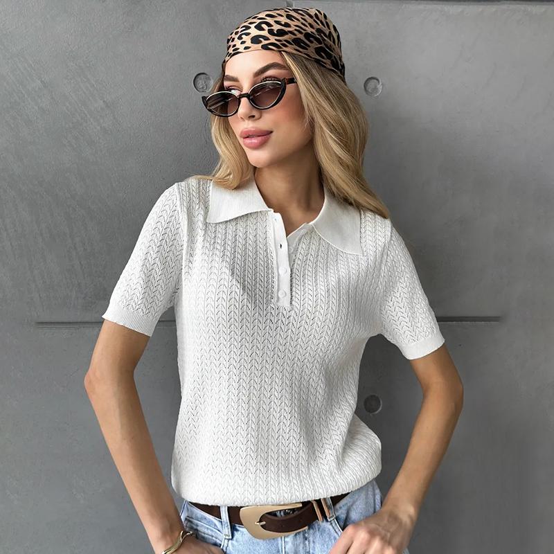 Knitted Sweater T shirt Women Tops 2026 Summer New Short Sleeve Polo Sweater Casual Loose Lapel Sweater Fashion Casual T shirt