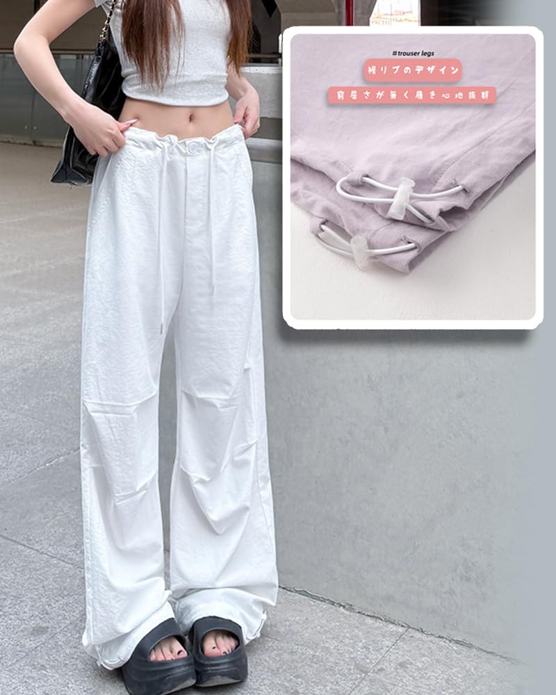LUJPOIR Cargo Long Pants with Elastic Waist and Adjustable Relaxed Loose Solid Color White Size M Women's Pants, Drawstring, Fit, Casual, Fit, Spring,