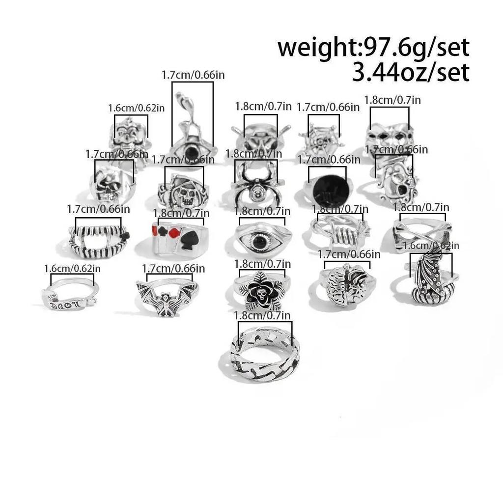 IngeSight.Z 21Pcs Goth Creative Skull Spider Stack Ring Men Vintage Punk Silver Color Ring Street Party Jewelry Accessories Gift