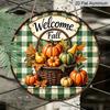 2D Flat, 1pc Aluminum Circular Sign Welcoming The Autumn Harvest, Featuring Rustic Pumpkin And Checkered Decorations with Cursive Lettering, Suitable