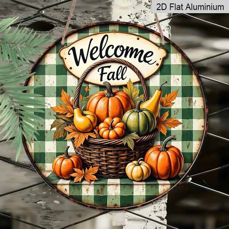2D Flat, 1pc Aluminum Circular Sign Welcoming The Autumn Harvest, Featuring Rustic Pumpkin And Checkered Decorations with Cursive Lettering, Suitable