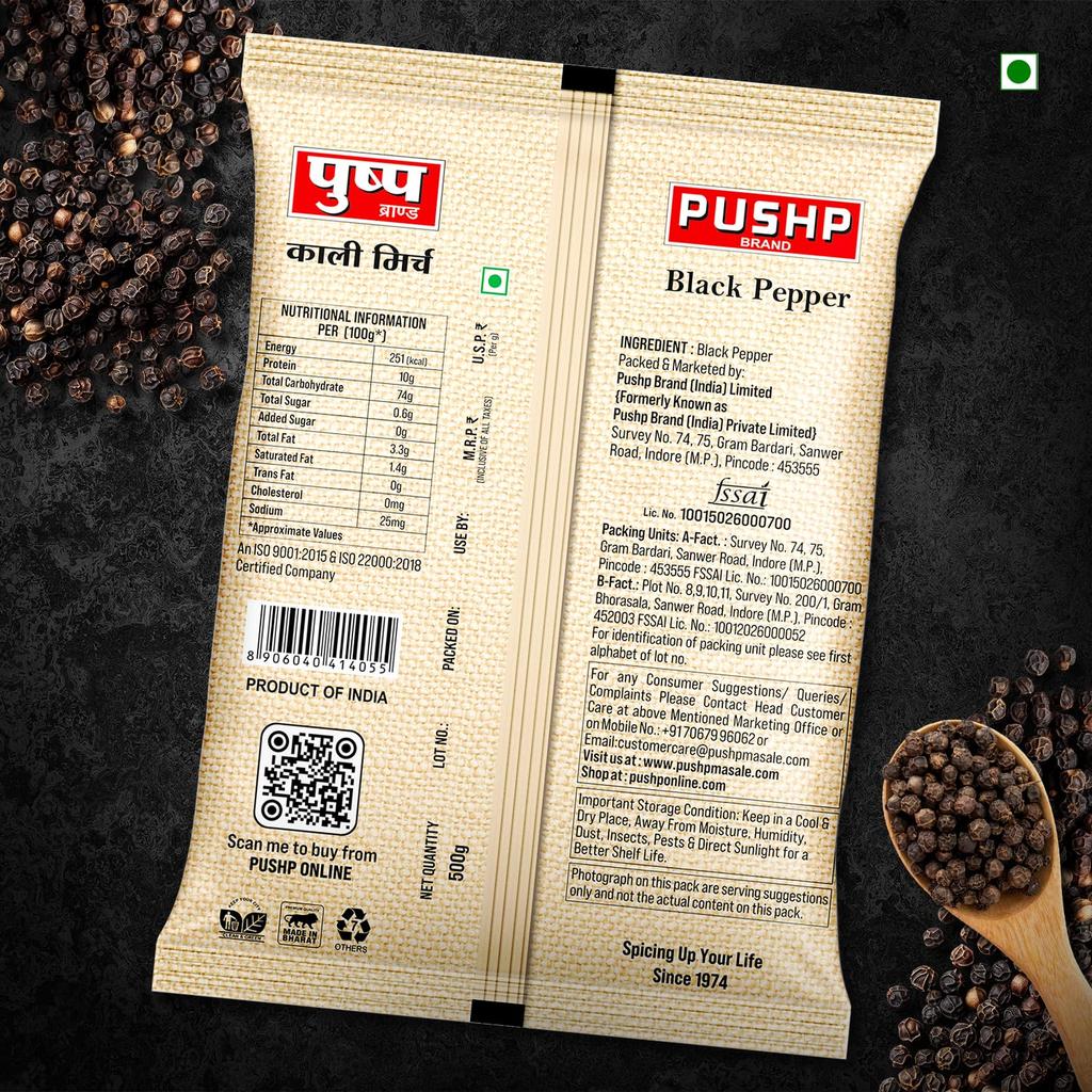 Pushp Brand Whole Black Pepper 500g Pack Of 1 Natural Kali Mirch Premium Aromatic Spice For Daily Kitchen Cooking Use