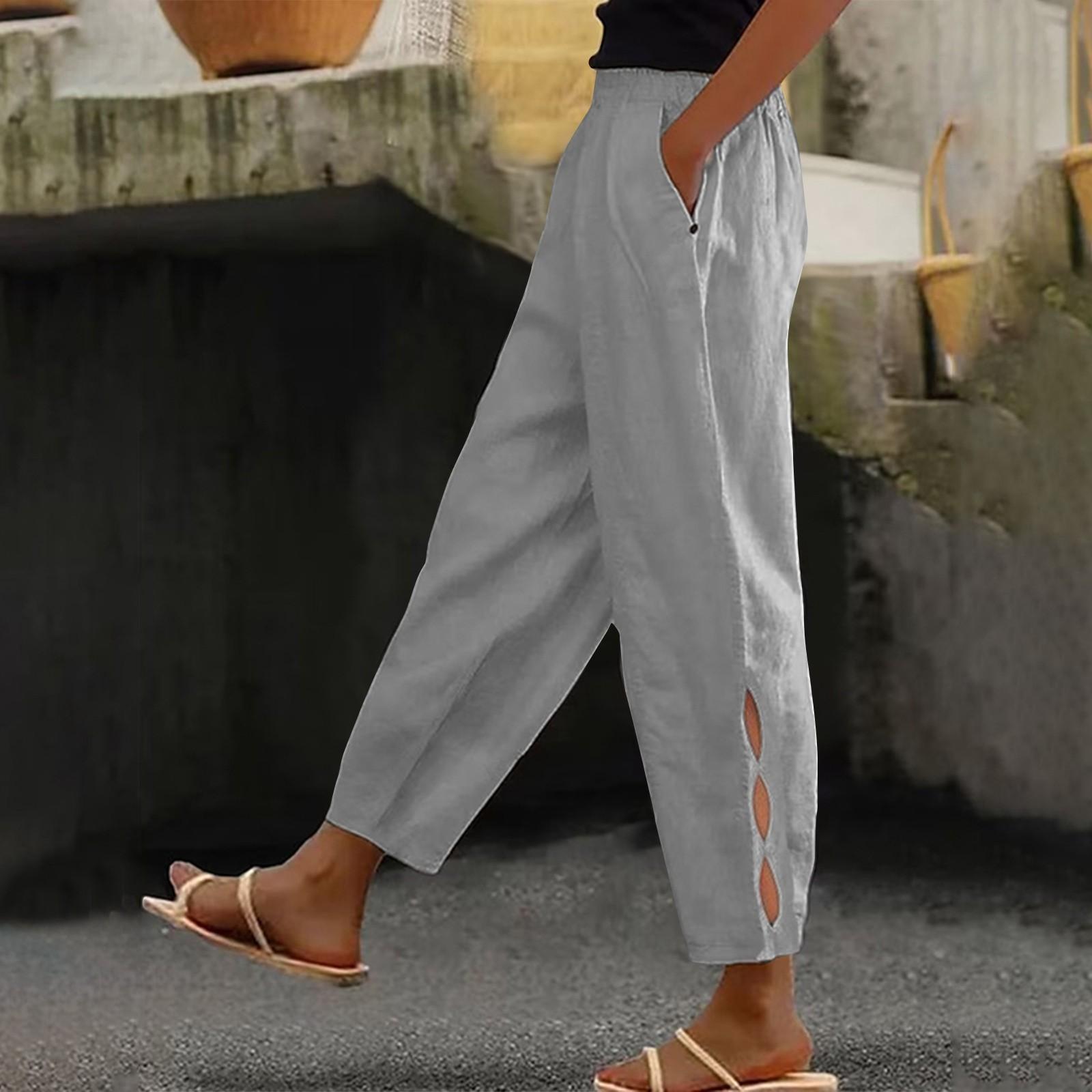 

Женские модные хлопковые и льняные однотонные повседневные повседневные брюки с боковыми карманами и полыми пуговицами XXL серый