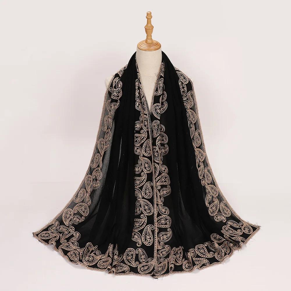 

Black Embroidery Hijab Scarves Muslim Women Shawls Wrap Turban Stoles Bandanas Headband Bufanda Foulard Turbante Mujer 70*190cm