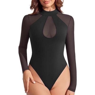 Women's Solid Mesh Mock Neck Cutout Bodysuit Long Sleeve Slim Fit Sheer Top Thong Body Suit Going Out Tops Airplane Outfit Women