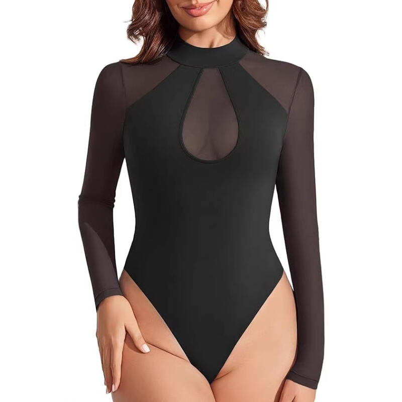 Women's Solid Mesh Mock Neck Cutout Bodysuit Long Sleeve Slim Fit Sheer Top Thong Body Suit Going Out Tops Airplane Outfit Women