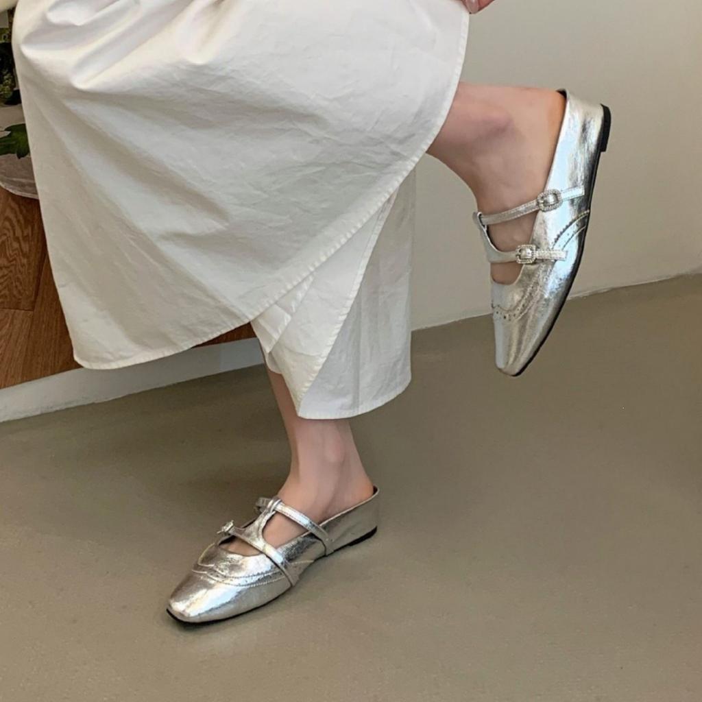 French Retro Square Head Mary Jane Bag Head Half Slippers Women'S Spring And Summer Heightening Buckle Temperament Single Shoes