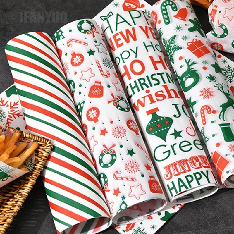 100Pcs Christmas Theme Paper Liners Sandwich Wrapping Paper 8Style Wax Paper Sheets For BBQ Picnic Festival Party Fast Food Tool