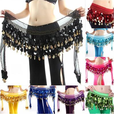 Colorful Chiffon Belly Dance Hip Wrap Scarf Coin Sequin Waistband Skirt Hipskirt Belt