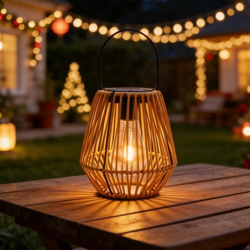 Boho-Style Handmade Solar Powered Rattan Chandelier - Waterproof Solar Light - with Handle, Ideal for Decorating Gardens