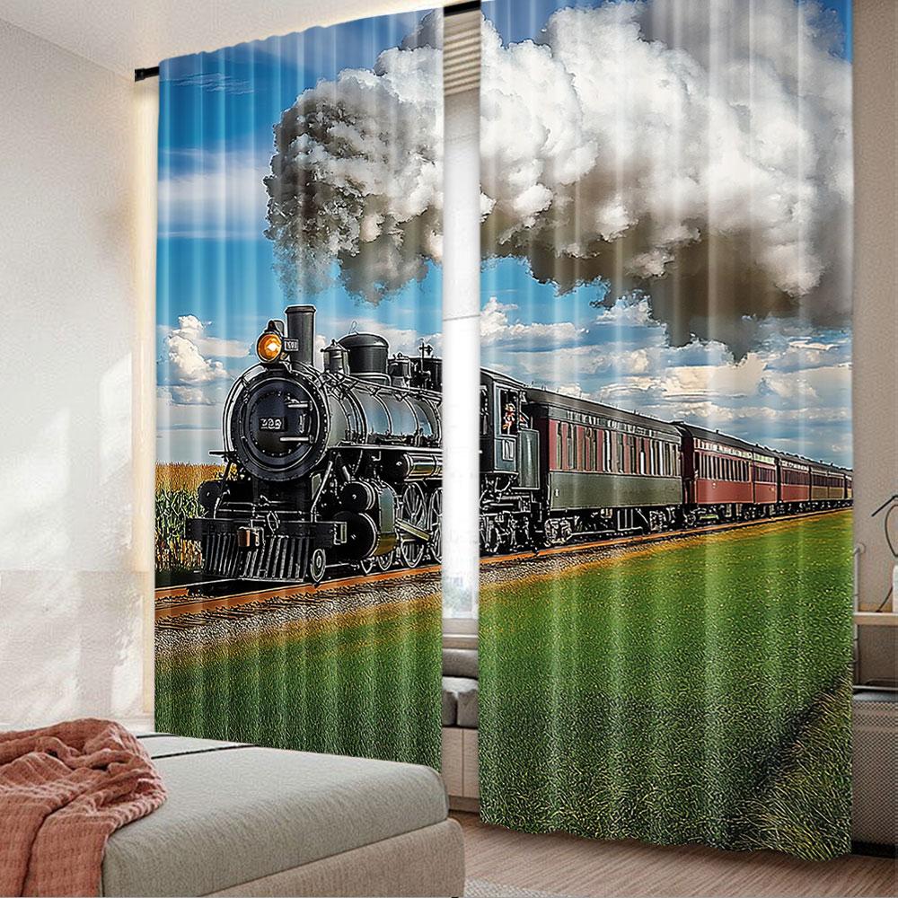 2Pcs Steam Engine Curtains Vintage Locomotive In Countryside Scenery Green Grass Train Living Room Bedroom