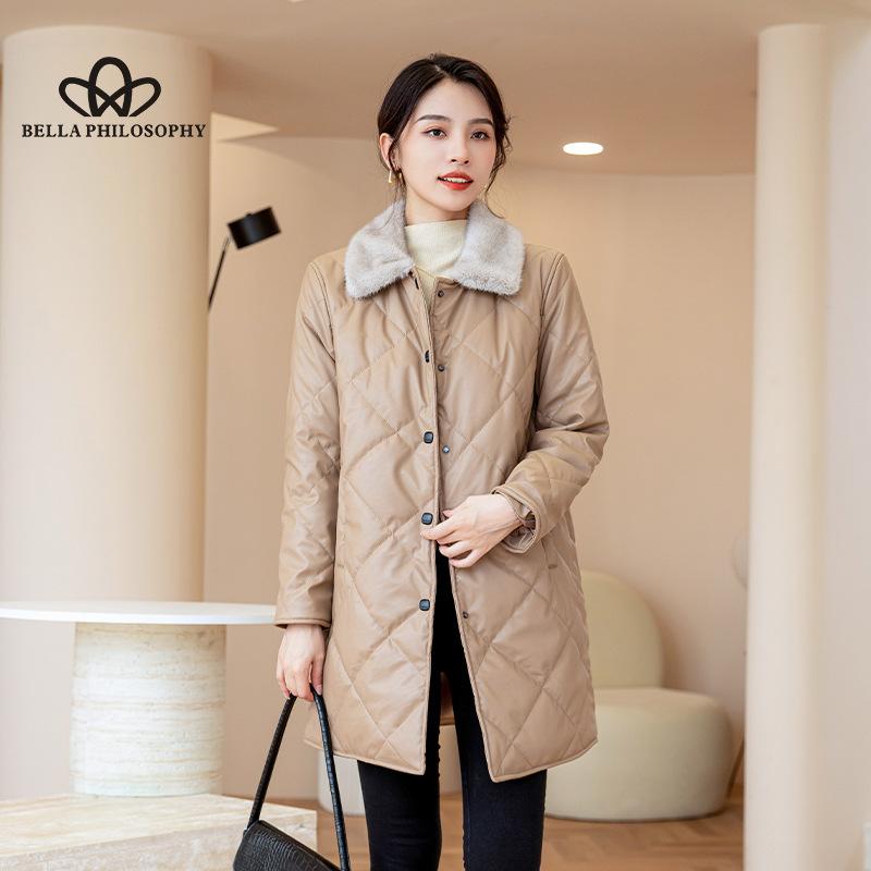 Podzim Zima Středně dlouhý dámský bavlněný kožený kabát Umělá norková klopa zesílený dámský kabát velkých velikostí