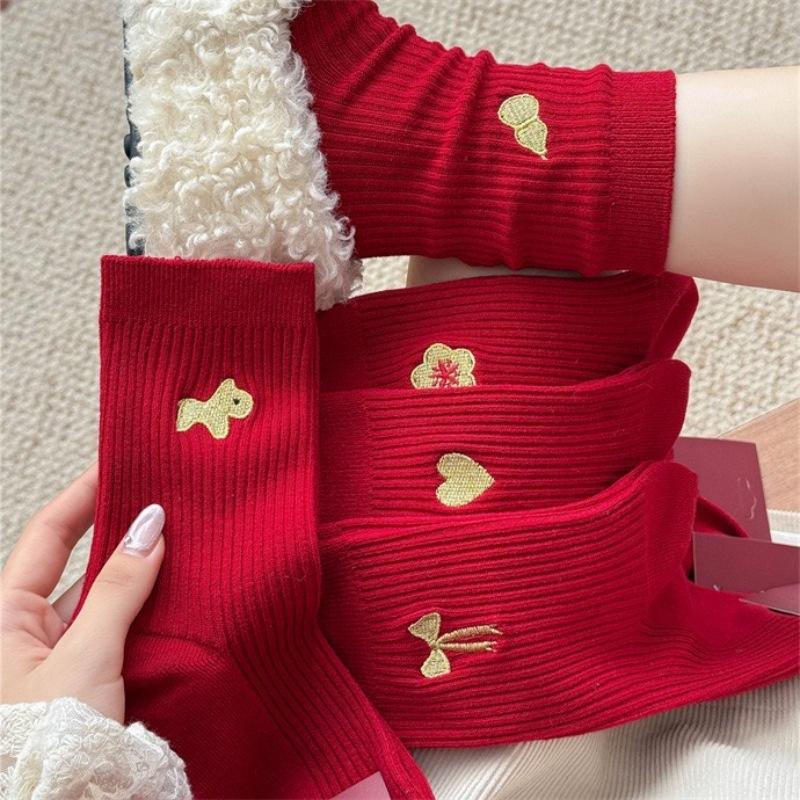 Horse New Year'S Double Needle Mid-Tube Socks Horse New Year Socks Women Dark Red Wedding 2026 Embroidery