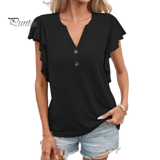 

Женская летняя футболка с v-образным вырезом и пуговицами, топы с полупланками, пуловеры с короткими рукавами и рюшами, мягкая эластичная однотонная футболка свободного покроя, уличная одежда 2XL чёрный