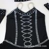Girls Women Figure Skating Performance Dress Long Sleeve Black Sparkle Rhinestone Costume Competition Stage