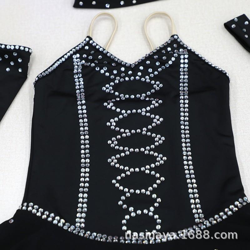 Girls Women Figure Skating Performance Dress Long Sleeve Black Sparkle Rhinestone Costume Competition Stage