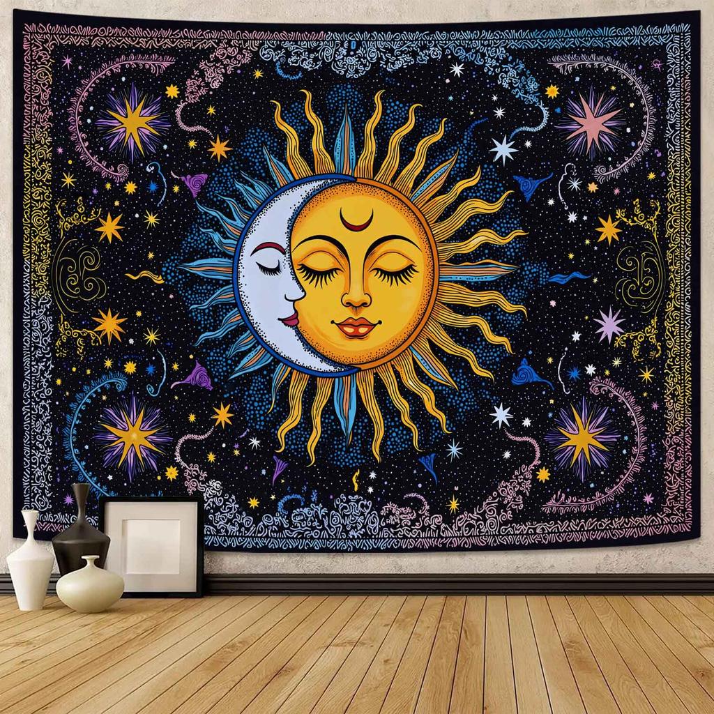 Boho Sun and Moon Tapestry, Colorful Celestial Starry Sky Mandala Print Wall Hanging for Bedroom Living Room Dorm Decor