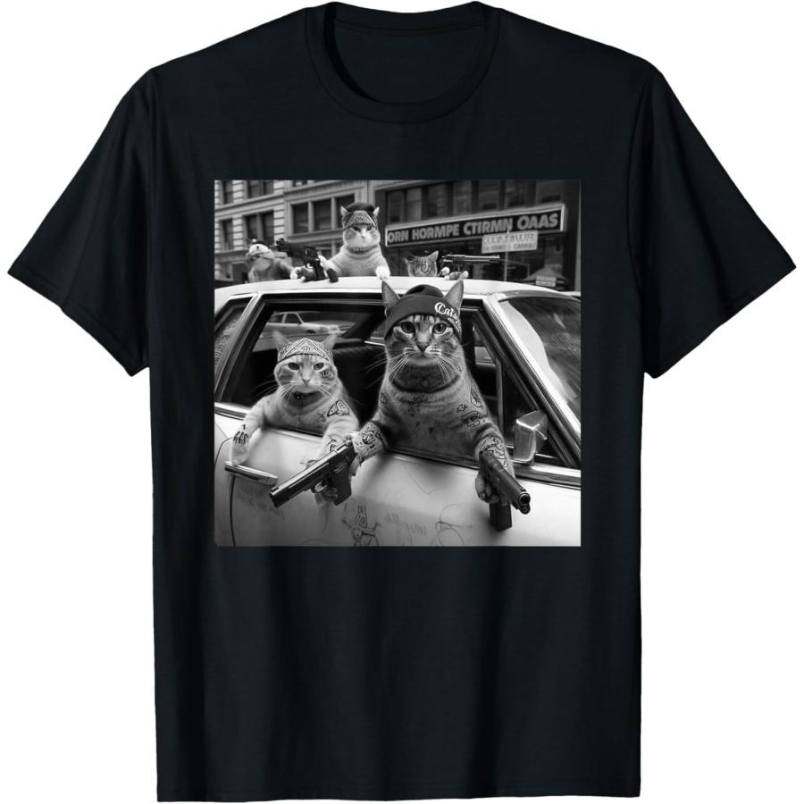 SHANGCHEN Funny Gangster Cats Street Design T-Shirt S