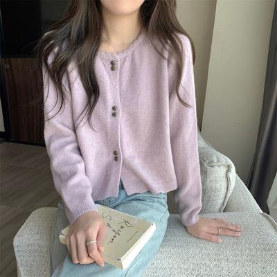 Soft Sweet Style Short Lace-Trimmed Crew Neck Long-Sleeve Knit Sweater Cardigan Jacket for Outer Wear
