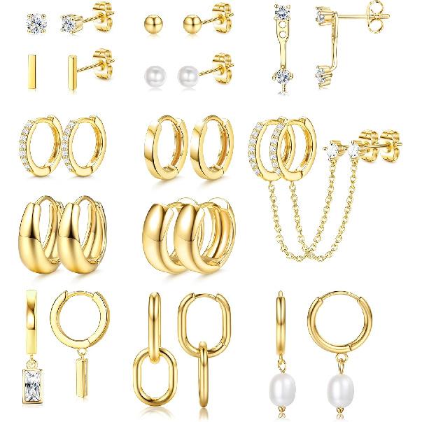 Chirurgenstahl Flachrücken Ohrstecker Set für Mehrfachpiercing Empfindliche Ohren, Sterling Silber Hypoallergen Kleine Knorpel Huggie Creolen 14K Gold Plated beige