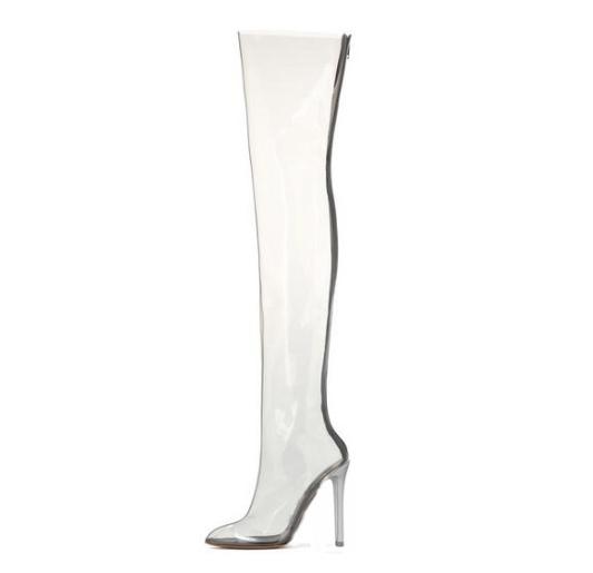 Fashion FHC 11cm Crystal Heel Women Thigh High Boots,Over The Knee Long Botas,Sexy Transparent Shoes Pointed Toe,Back Zip,34-48,Dropship
