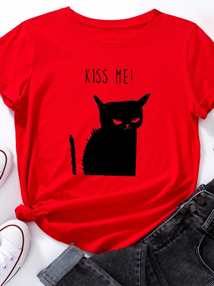 Kiss Me Black Cat Print T Shirt Women Short Sleeve O Neck Loose Tshirt Summer Women Causal Tee Shirt Tops Camisetas Mujer