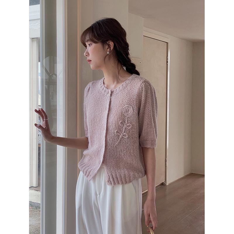 

Milo Cream Handmade Flower Wool Knitted Cardigan - 2025 Spring Short-Sleeved Top N714B One Size (80-120)