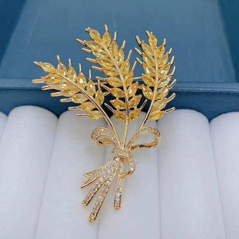 Luxury Golden Wheat Metal Brooch for Women Suit Sweater Stylish Lapel Pins Exquisite Rhinestones Jewelry Accessories Couple Gift